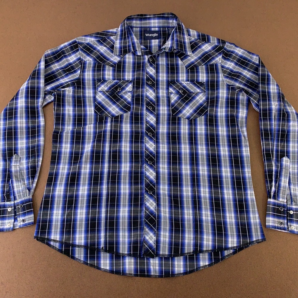 Wrangler Men's Size XL Black Blue Palid Long Sleeve Pearl Snap Western Shirt